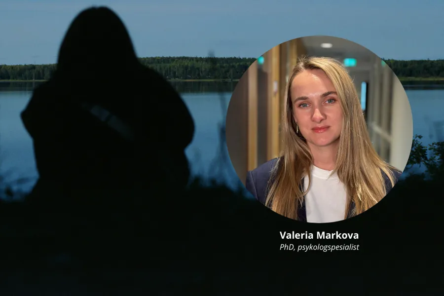 Ein person som ser på eit vatn, og eit portrettbilete av Valeria Markova
