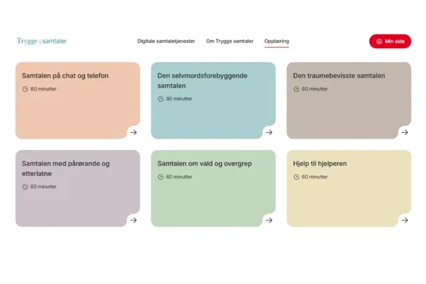 Skjermbilete som viser seks opplæringsmodular på nett om trygge samtalar, med tema som chat og telefon, sjølvmordsførebygging, traume, pårørande, vald og overgrep, og hjelp til hjelparen.