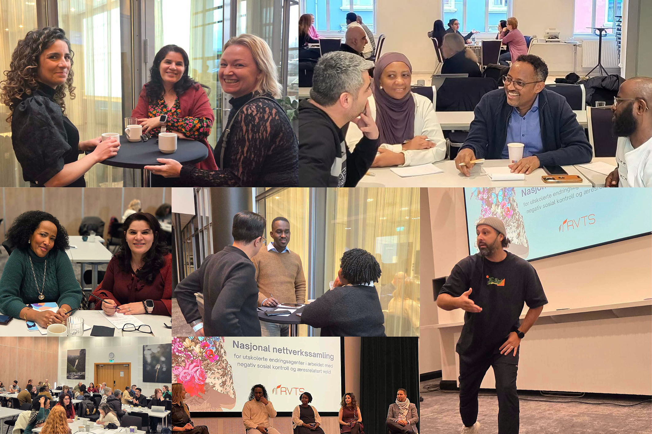 Kollage av flere bilder som viser endringsagenter som diskuterer