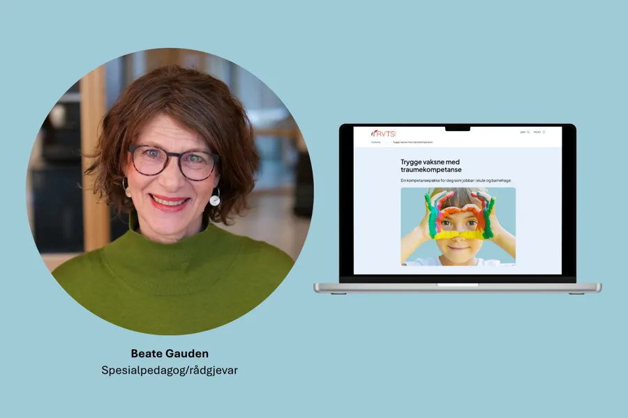 A woman smiling with a picture of a man on the side