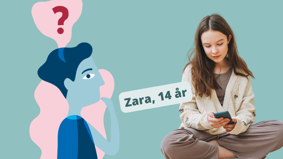 Ein jente som sit med mobiltelefon. Teksten seier: Zara 14 år.