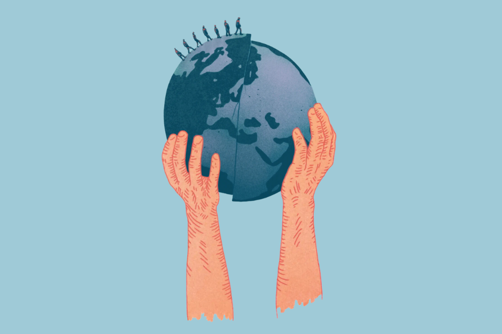 To hender som støttar opp om ein globus.