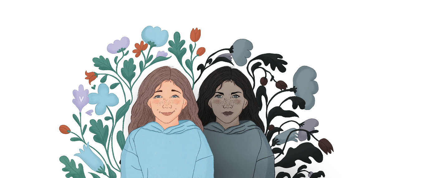 Ein dupliserte jenta. Den eine delen smiler og er fargerik, medan den andre delen er i skuggen og med mørke fargar.