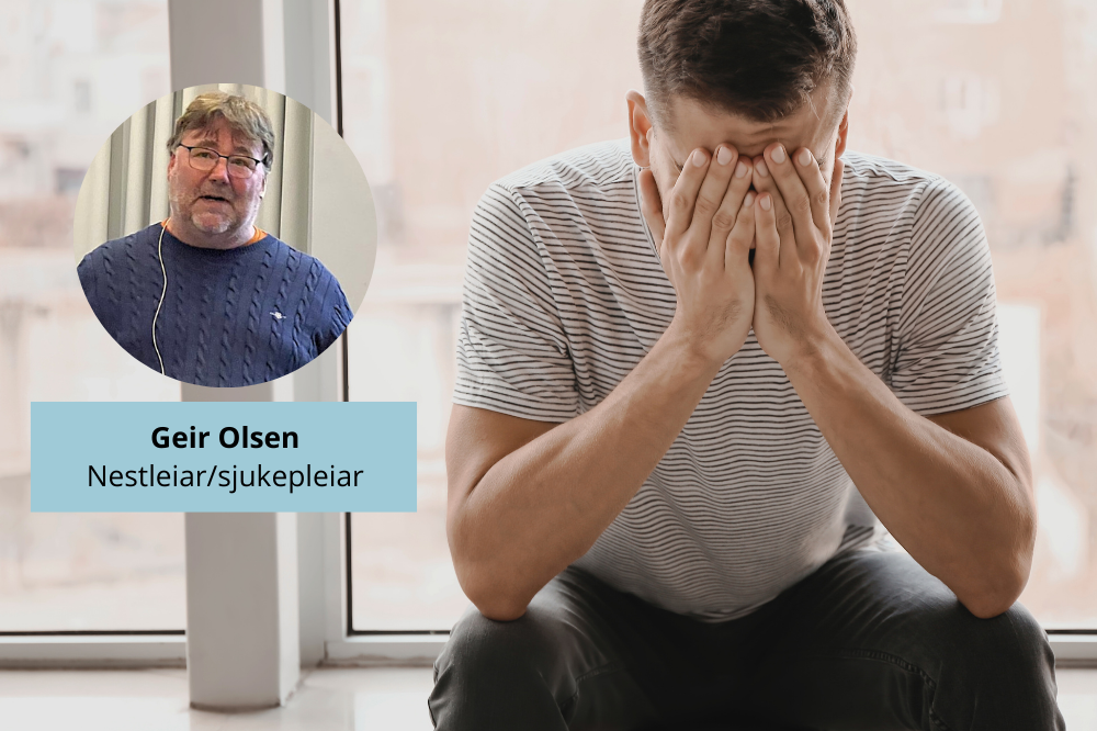 Geir Olsen, med bakgrunnsbilde av ein mann med hendene foran ansiktet