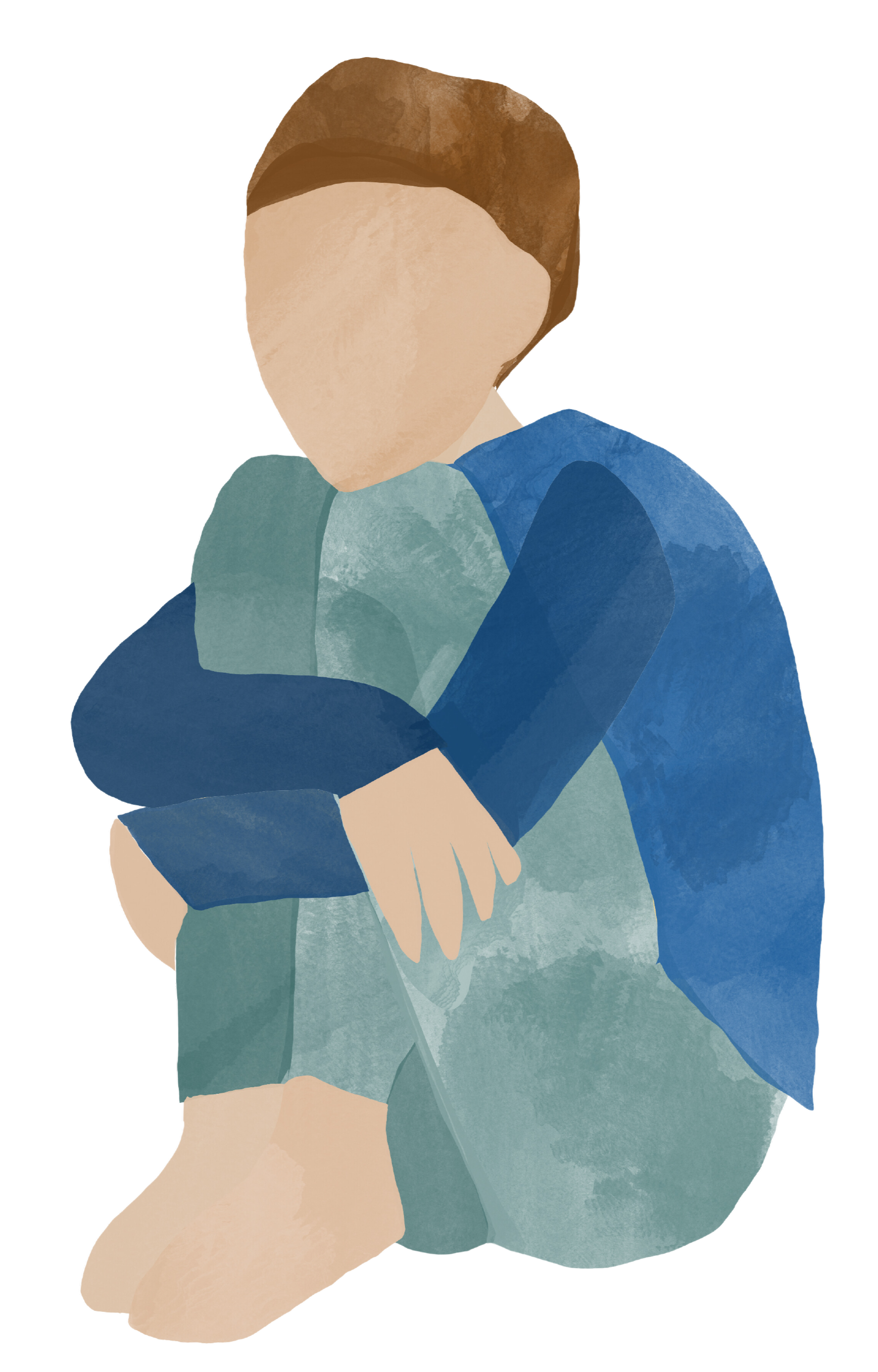 Ein gut som sit på golvet og held rundt seg sjølv